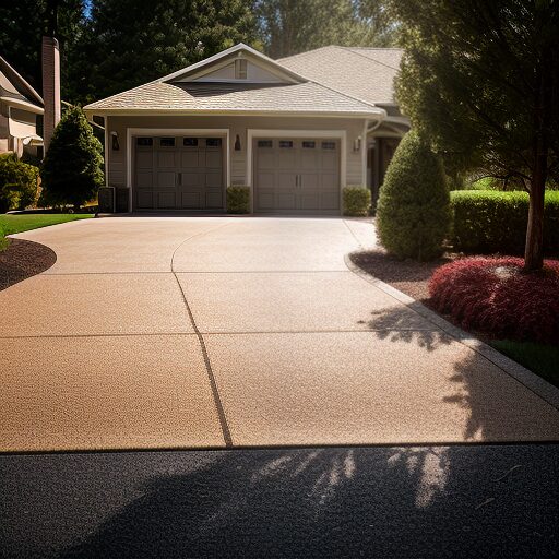 Concrete driveway in Lawrence Ma at nicely groomed home.