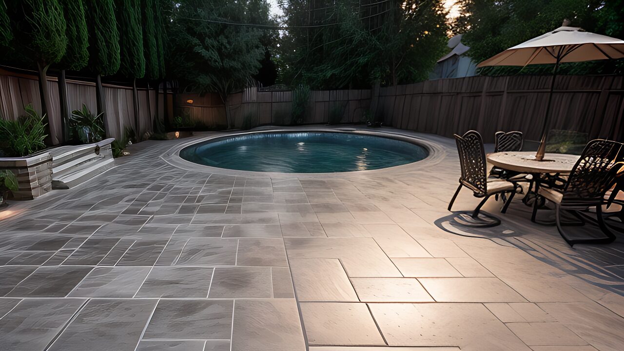 Stamped concrete patio in beautiful backyard concrete job.